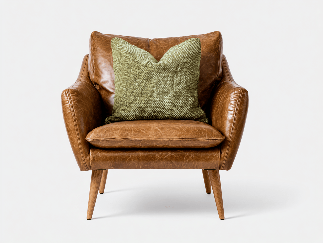 Poltrona in pelle marrone 92x85x91 cm con cuscino verde e gambe in legno - design contemporaneo confortevole