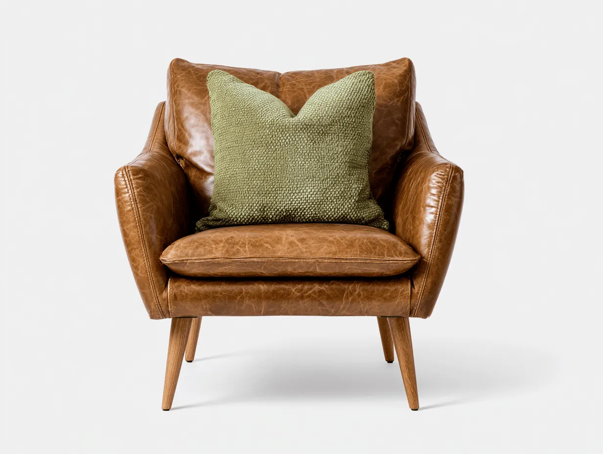 Poltrona in pelle marrone 92x85x91 cm con cuscino verde e gambe in legno - design contemporaneo confortevole