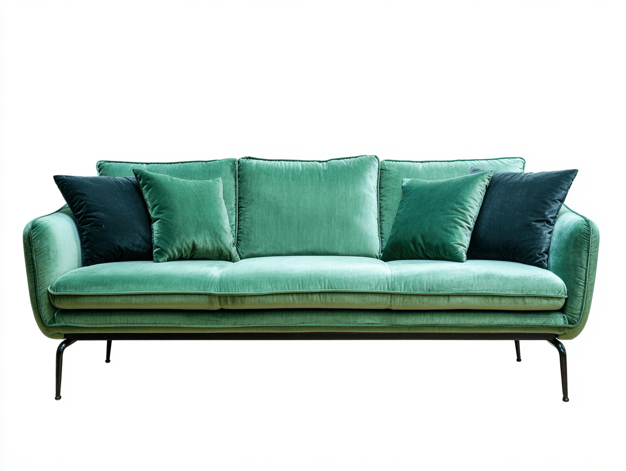 Divano 3 posti 215x95 cm - velluto verde smeraldo - con gambe in metallo nero e 4 cuscini decorativi