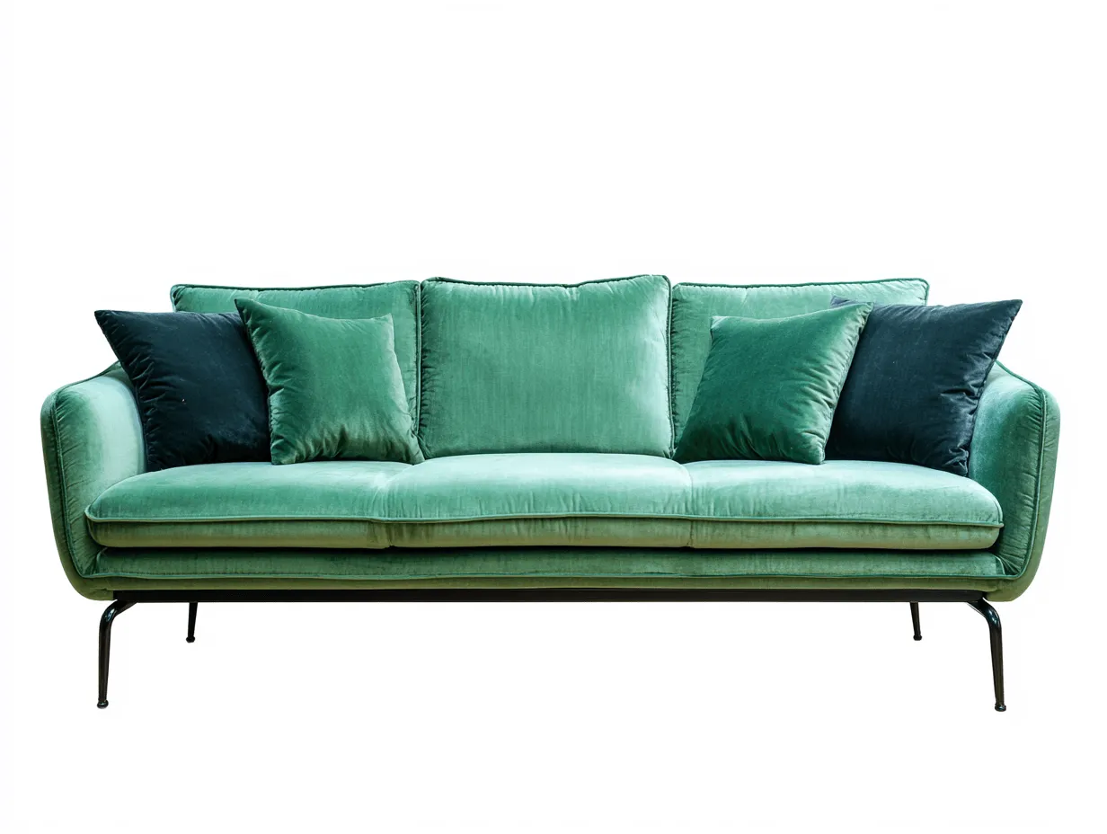 Divano 3 posti 215x95 cm - velluto verde smeraldo - con gambe in metallo nero e 4 cuscini decorativi