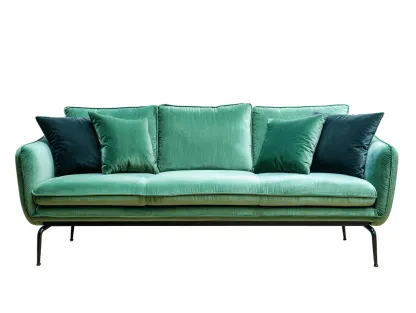 Divano 3 posti 215x95 cm - velluto verde smeraldo - con gambe in metallo nero e 4 cuscini decorativi