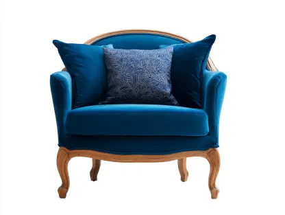 Poltrona in velluto blu 85x80x90 cm con cuscini e gambe in legno - stile classico