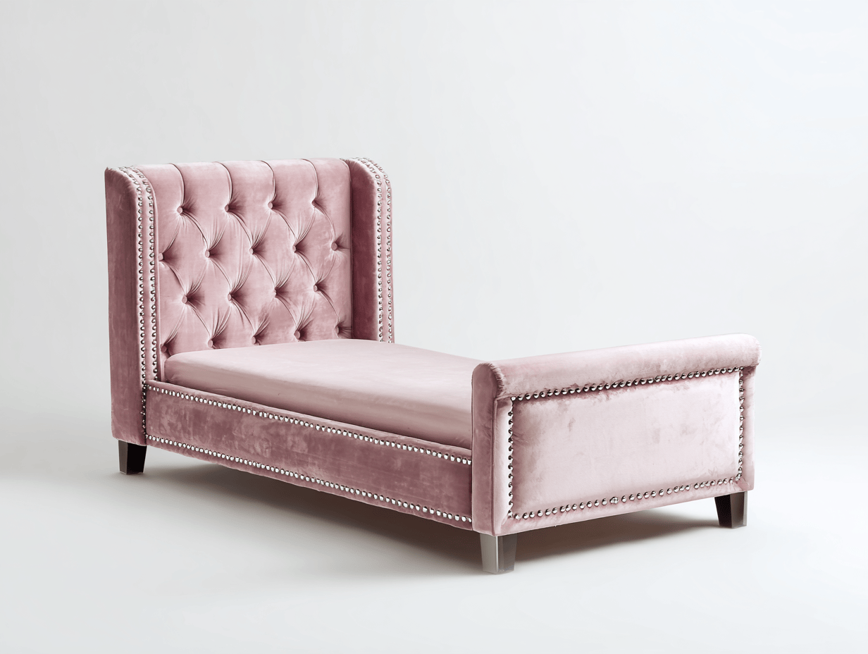 Letto singolo in velluto rosa 205x100 cm con testiera capitonné alta e dettagli con borchie decorative - stile elegante classico