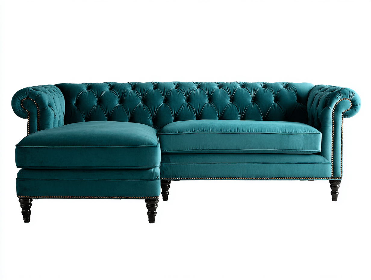 Divano angolare Chesterfield in velluto blu scuro 250x95x80 cm con chaise longue a sinistra - gambe in legno