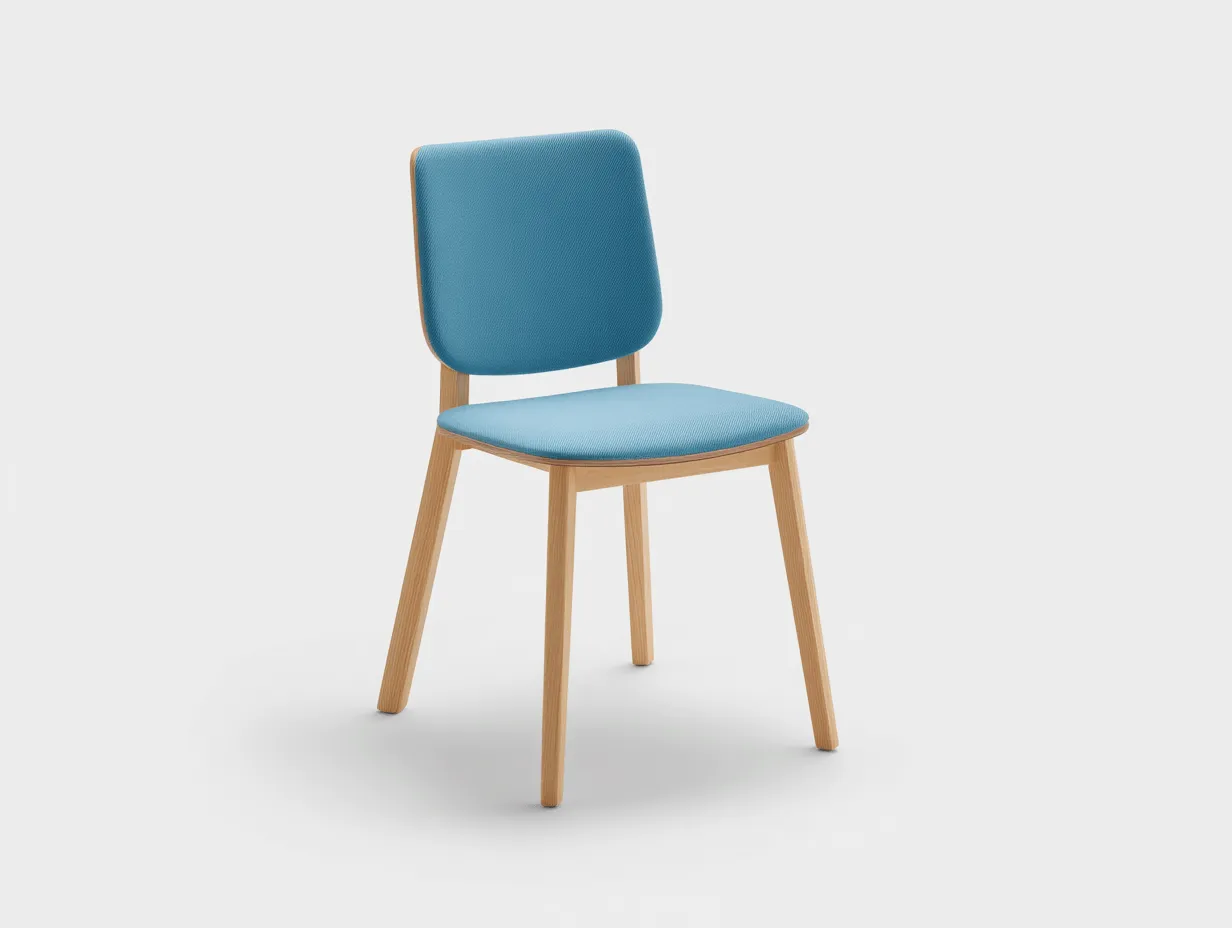 Sedia da pranzo minimalista 45x50x83 cm - seduta e schienale imbottiti in tessuto azzurro - gambe in legno chiaro