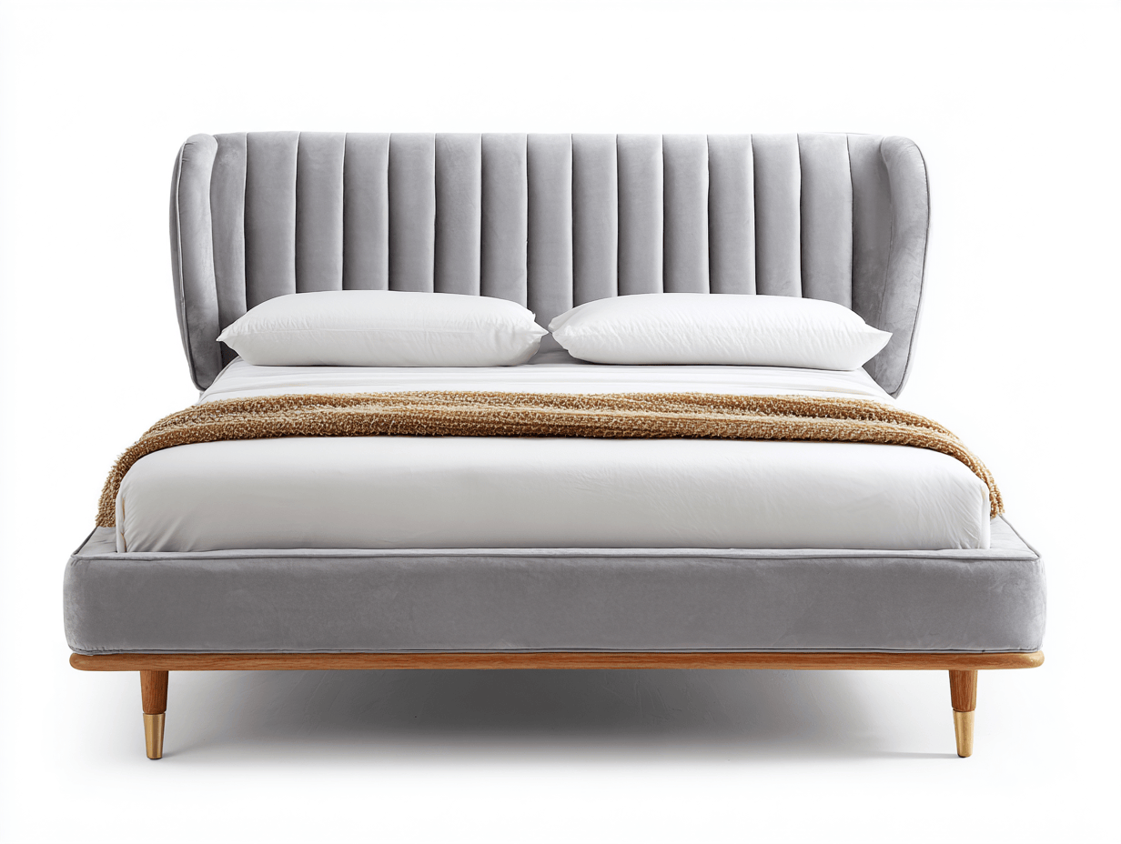 Letto matrimoniale in velluto grigio chiaro 180x200 cm - testiera imbottita a pannelli verticali - gambe in legno con dettagli dorati
