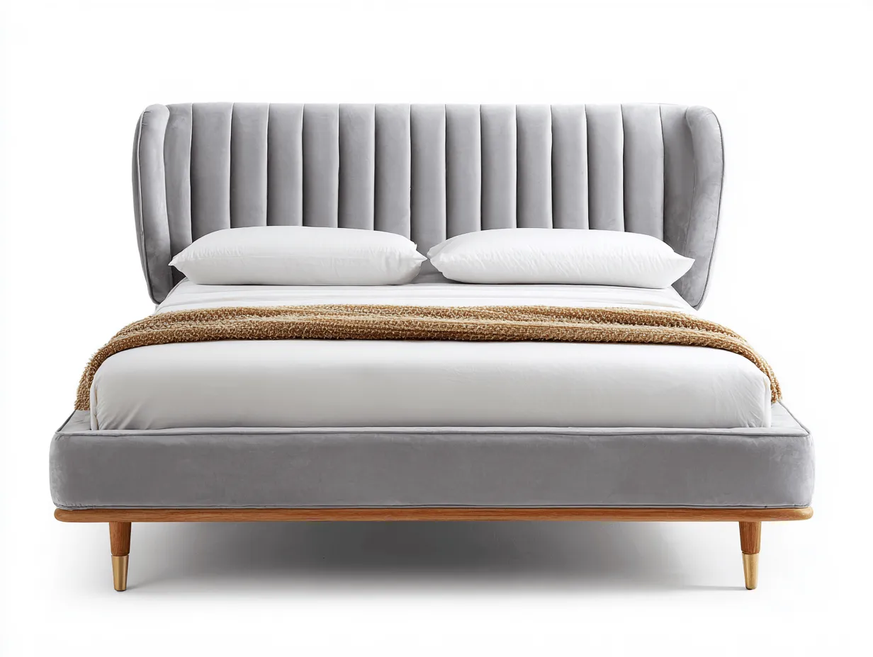 Letto matrimoniale in velluto grigio chiaro 180x200 cm - testiera imbottita a pannelli verticali - gambe in legno con dettagli dorati