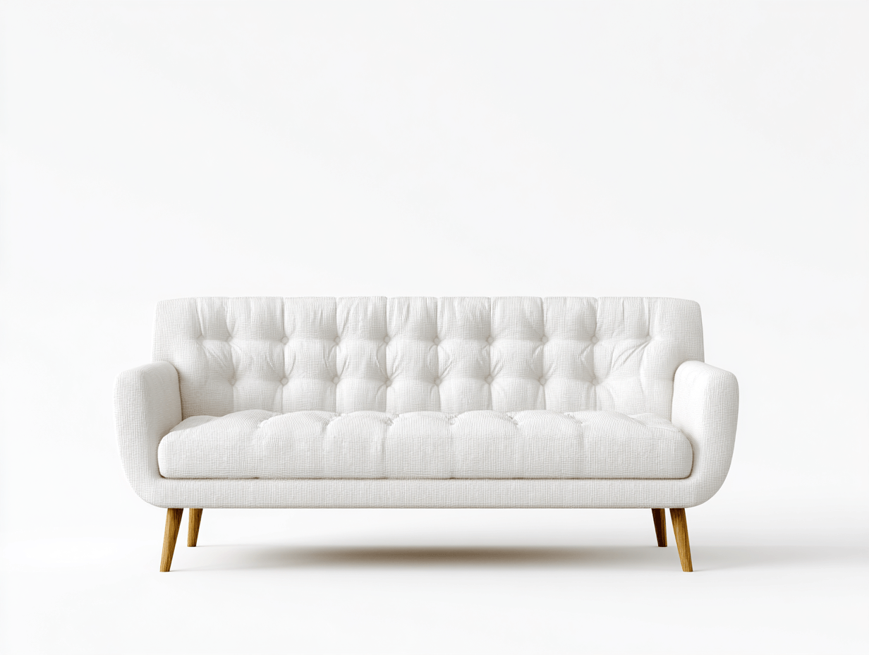 Divano 3 posti in tessuto bianco 180x85x85 cm - con gambe in legno chiaro e capitonné