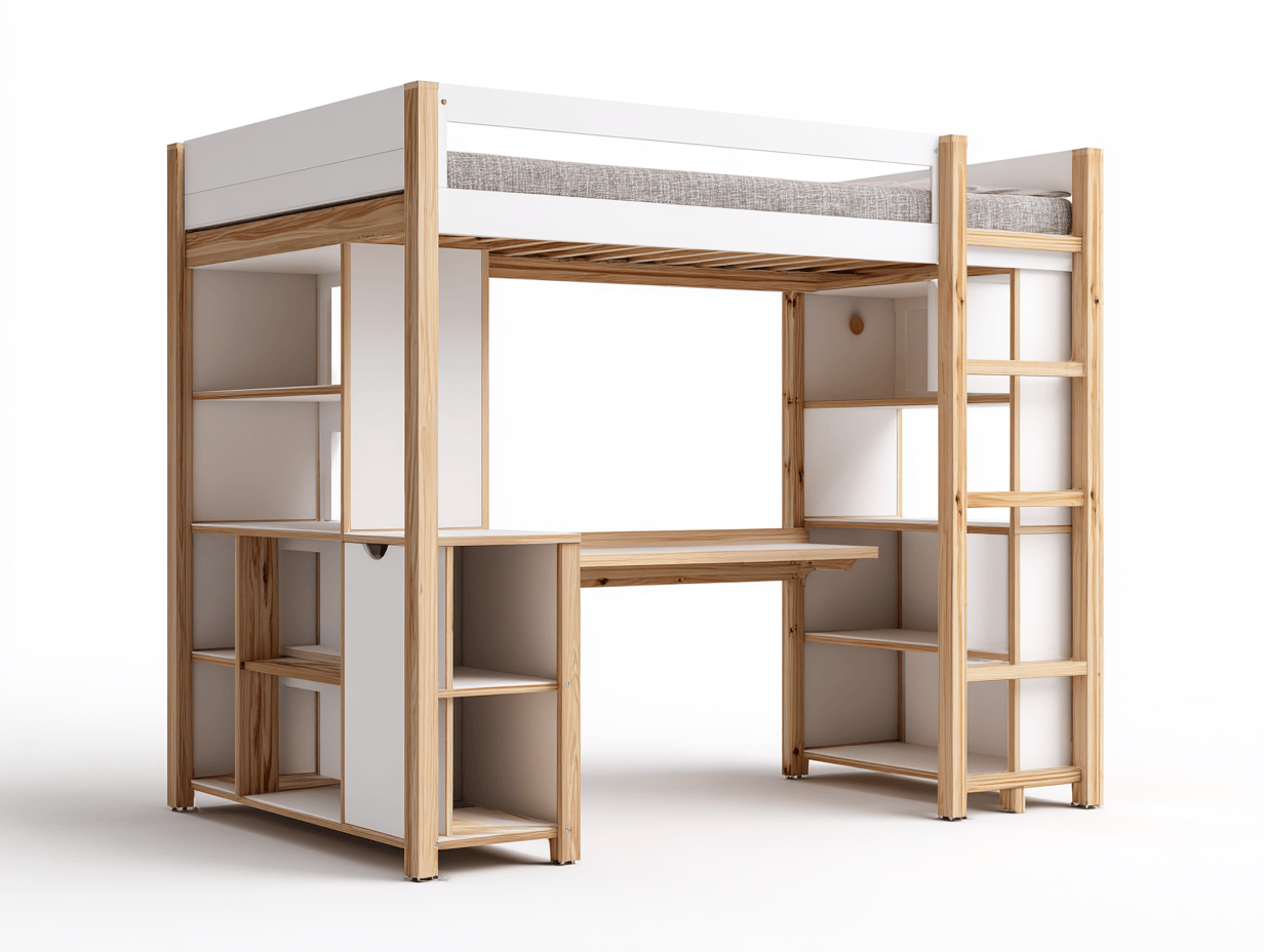 Letto a soppalco in legno chiaro e bianco 210x105x185 cm con scrivania integrata e scaffali - design salvaspazio per cameretta