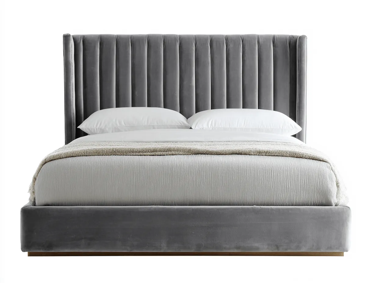 Letto matrimoniale imbottito in velluto grigio 180x200 cm - testiera alta con pannelli verticali