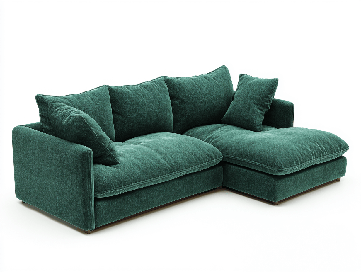 Divano angolare 3 posti in tessuto verde scuro 260x160x90 cm con chaise longue - cuscini inclusi - design moderno