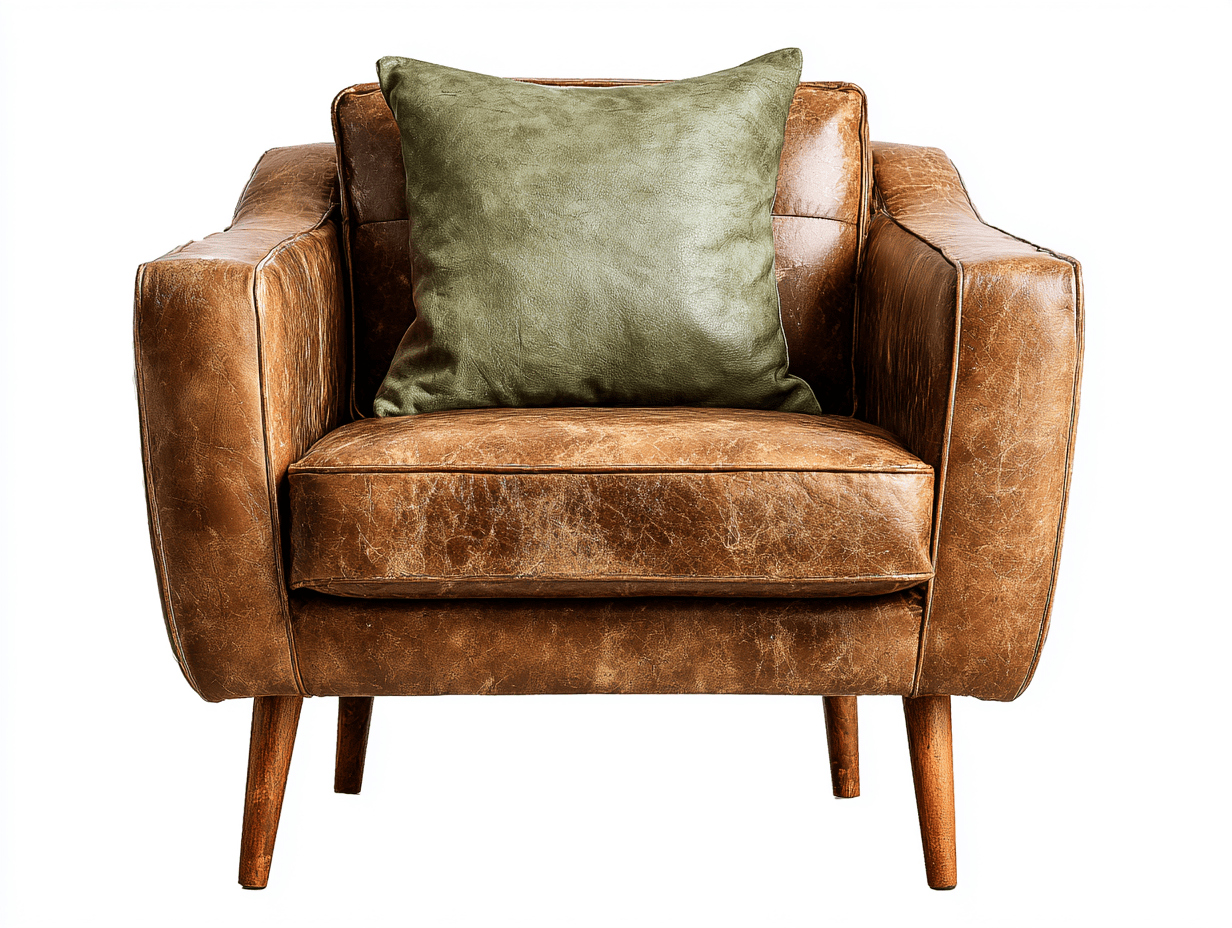 Poltrona in pelle marrone 94x86x92 cm con cuscino verde e gambe in legno - design retrò robusto