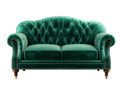 Divano 2 posti in velluto verde smeraldo 150x85x85 cm - con gambe in legno e borchie