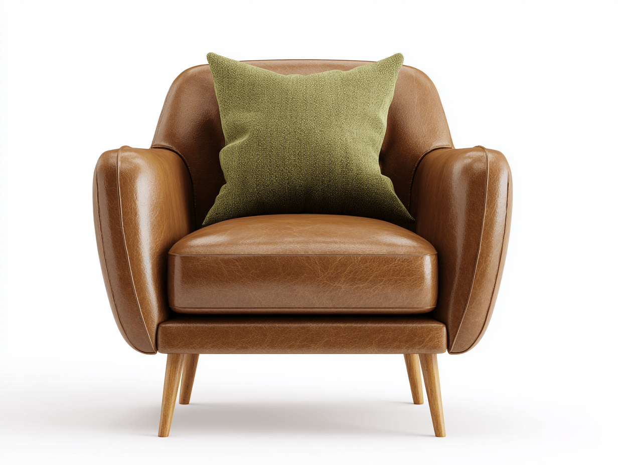 Poltrona in pelle marrone 90x84x92 cm con cuscino verde e gambe in legno - stile moderno elegante