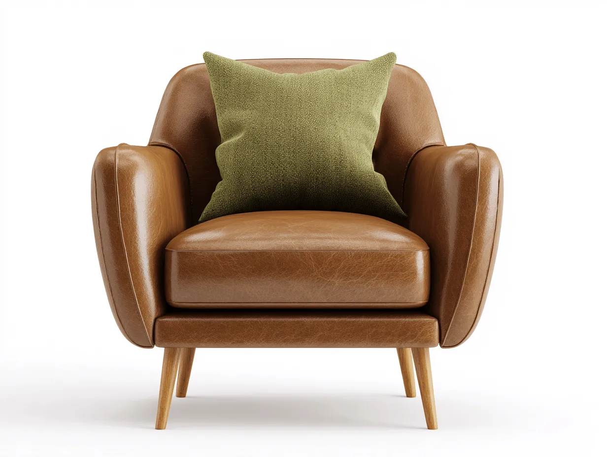 Poltrona in pelle marrone 90x84x92 cm con cuscino verde e gambe in legno - stile moderno elegante