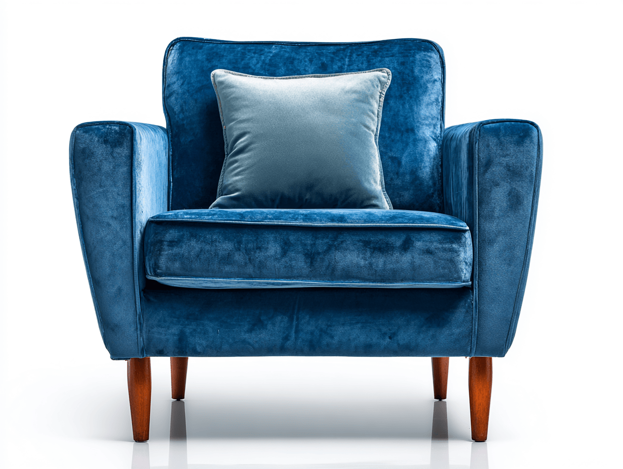 Poltrona imbottita in velluto blu 90x85x87 cm - gambe in legno scuro - con cuscino decorativo
