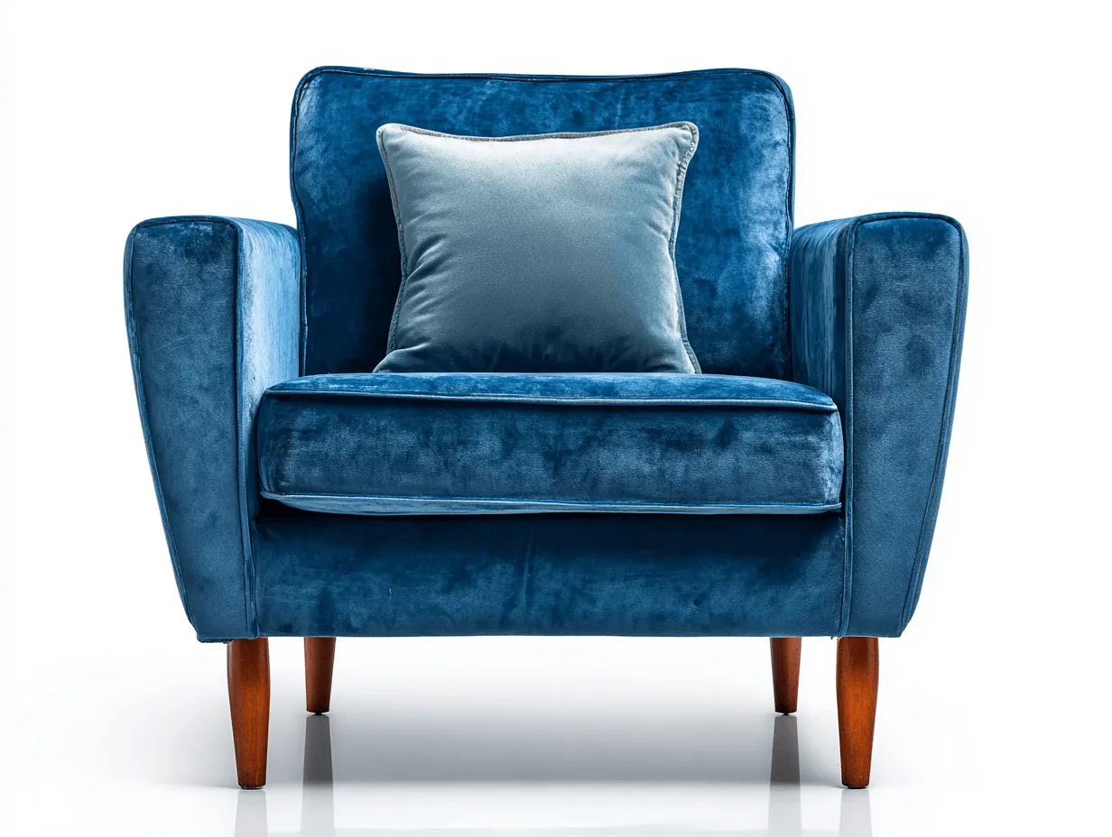 Poltrona imbottita in velluto blu 90x85x87 cm - gambe in legno scuro - con cuscino decorativo