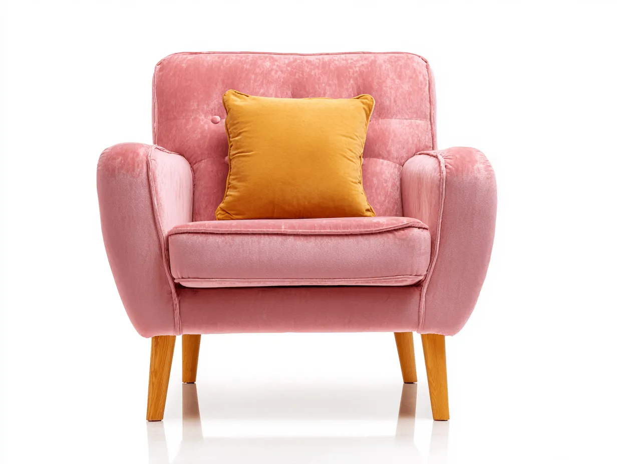 Poltrona imbottita in velluto rosa 90x85x87 cm - gambe in legno naturale - con cuscino decorativo giallo