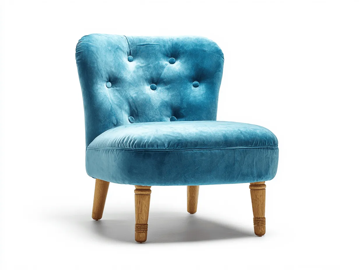Poltrona imbottita in velluto azzurro 78x72x82 cm - gambe in legno tornito - design con bottoni