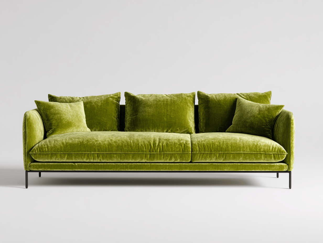 Divano 3 posti in velluto verde 215x97x90 cm con 5 cuscini decorativi - gambe in metallo nero - design moderno elegante