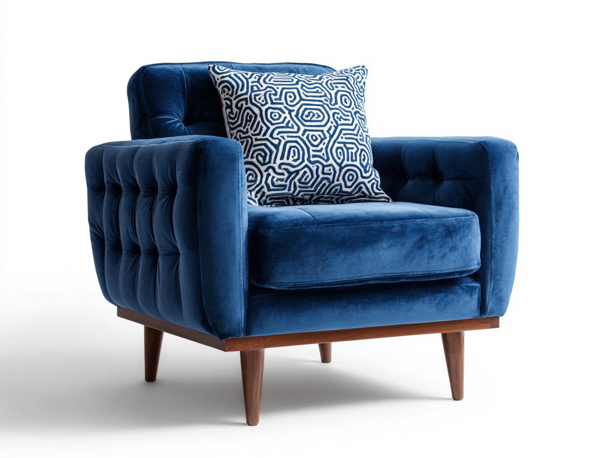 Poltrona imbottita in velluto blu 92x88x87 cm - gambe in legno naturale - con cuscino decorativo geometrico