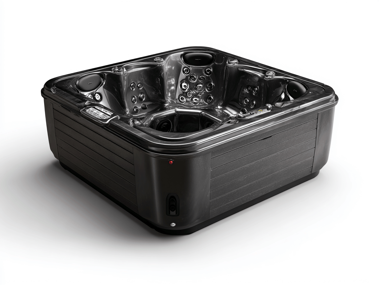 Vasca idromassaggio quadrata 200x200x88 cm - acrilico nero - con getti regolabili e illuminazione LED