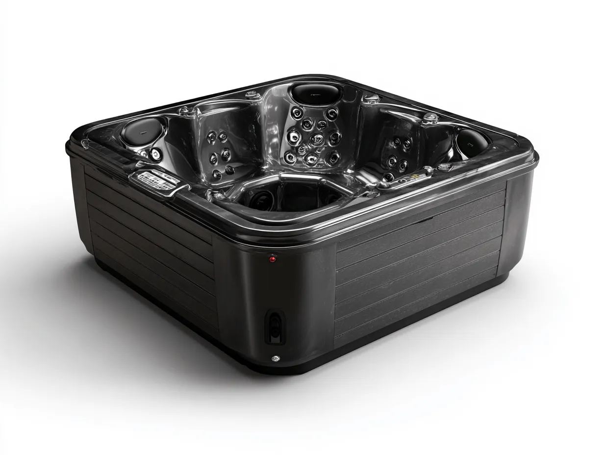 Vasca idromassaggio quadrata 200x200x88 cm - acrilico nero - con getti regolabili e illuminazione LED