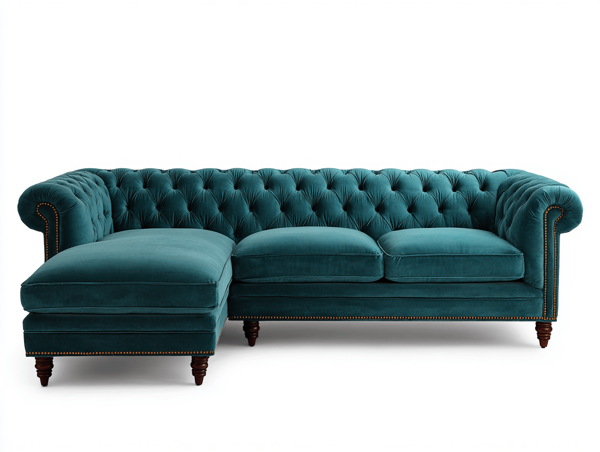 Divano angolare in velluto 280x170x85 cm - verde petrolio - stile Chesterfield con chaise longue