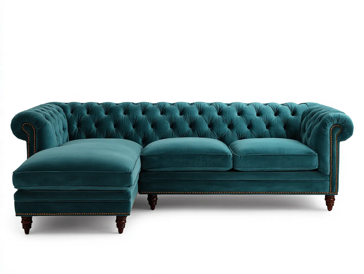 Divano angolare in velluto 280x170x85 cm - verde petrolio - stile Chesterfield con chaise longue