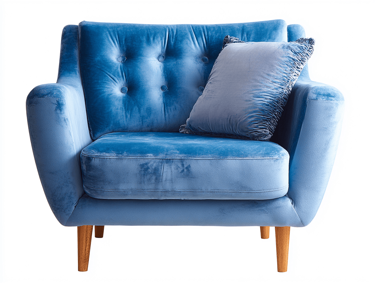 Poltrona imbottita in velluto blu 90x85x86 cm - gambe in legno naturale - con cuscino decorativo