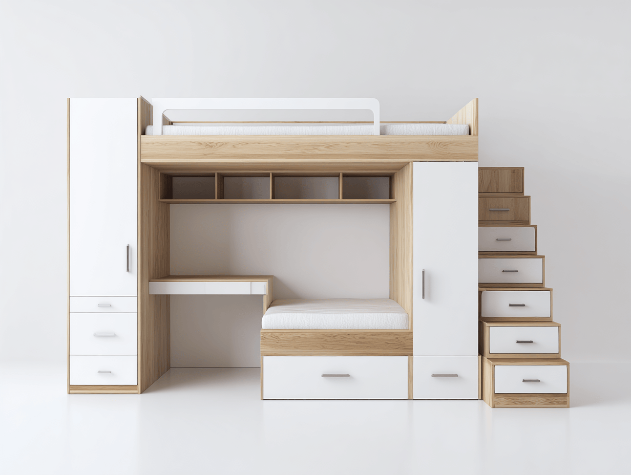Letto a soppalco per bambini - bianco e rovere - con scrivania e cassetti - 90x200 cm