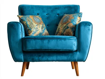 Poltrona in velluto blu 92x84x87 cm con cuscini decorativi e gambe in legno - stile moderno elegante