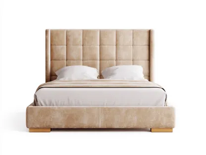 Letto matrimoniale imbottito 180x200 cm - rivestimento in tessuto beige con testiera alta trapuntata - stile moderno