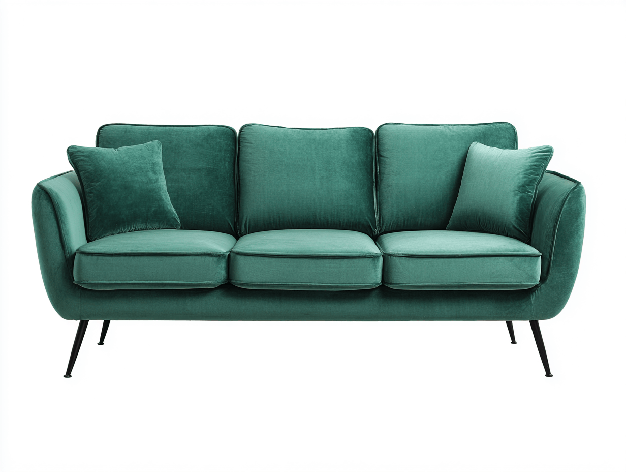Divano 3 posti 210x95 cm - velluto verde smeraldo - con gambe in metallo nero e 2 cuscini decorativi