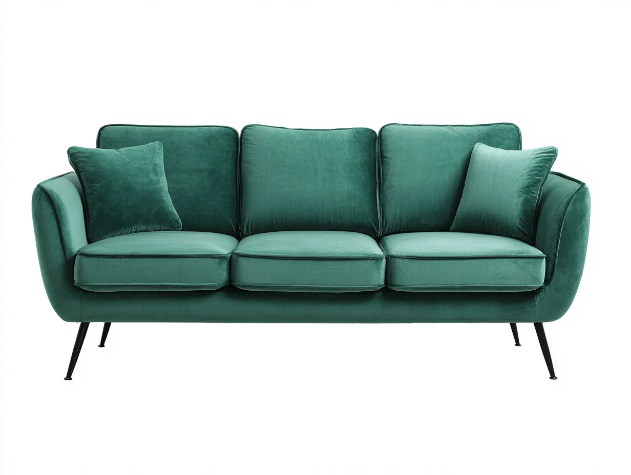Divano 3 posti 210x95 cm - velluto verde smeraldo - con gambe in metallo nero e 2 cuscini decorativi