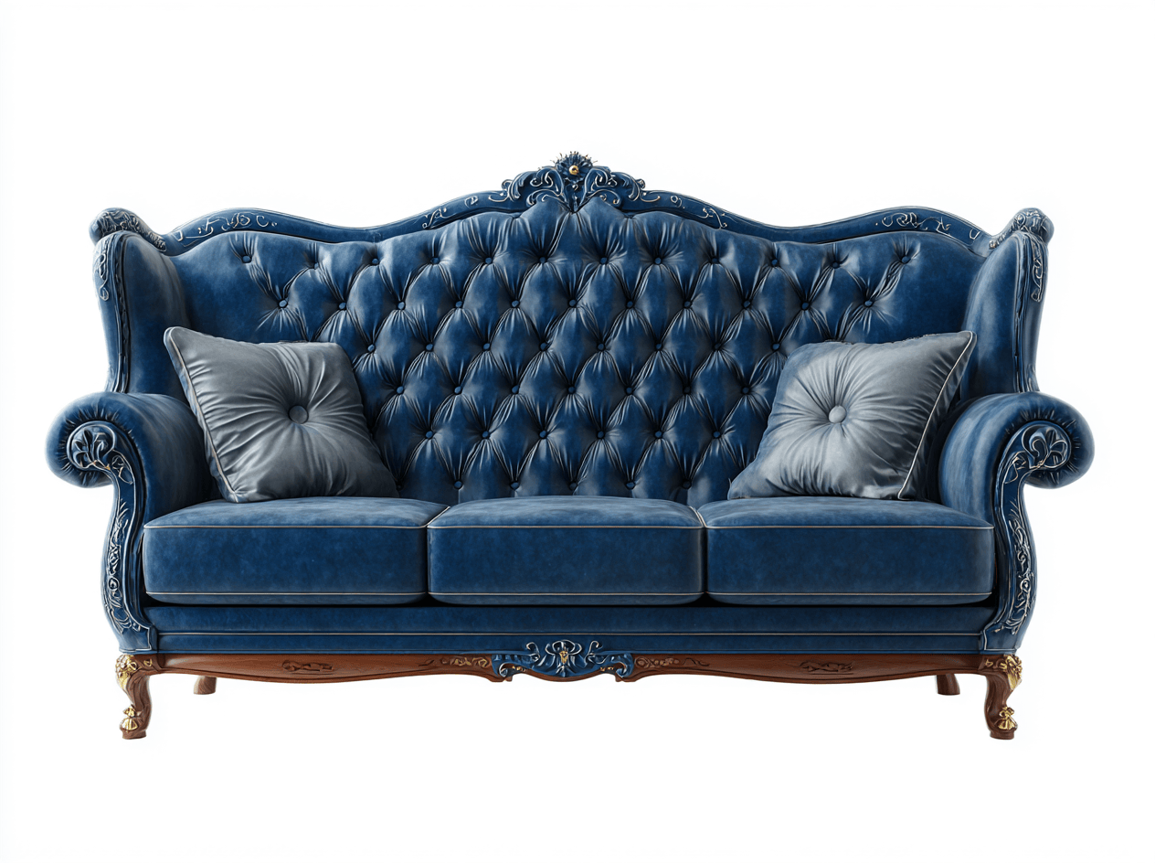 Divano 3 posti in velluto blu 210x95x105 cm - stile classico con schienale capitonné e dettagli intagliati