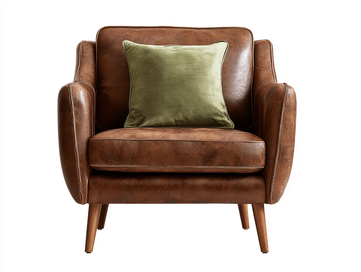 Poltrona in pelle marrone 91x85x93 cm con cuscino verde e gambe in legno - stile classico elegante