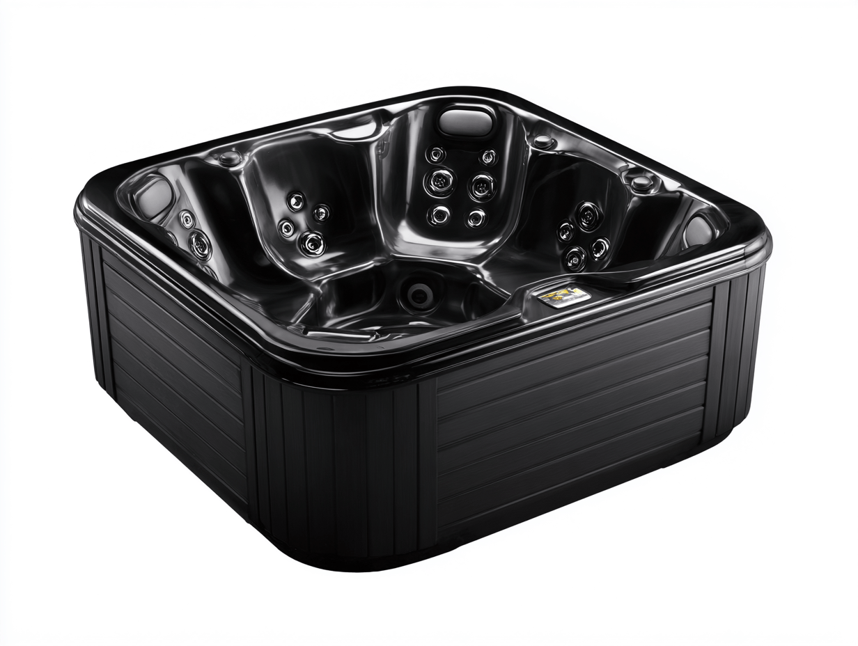 Vasca idromassaggio quadrata 205x205x90 cm - acrilico nero - con getti massaggianti regolabili e sedute ergonomiche