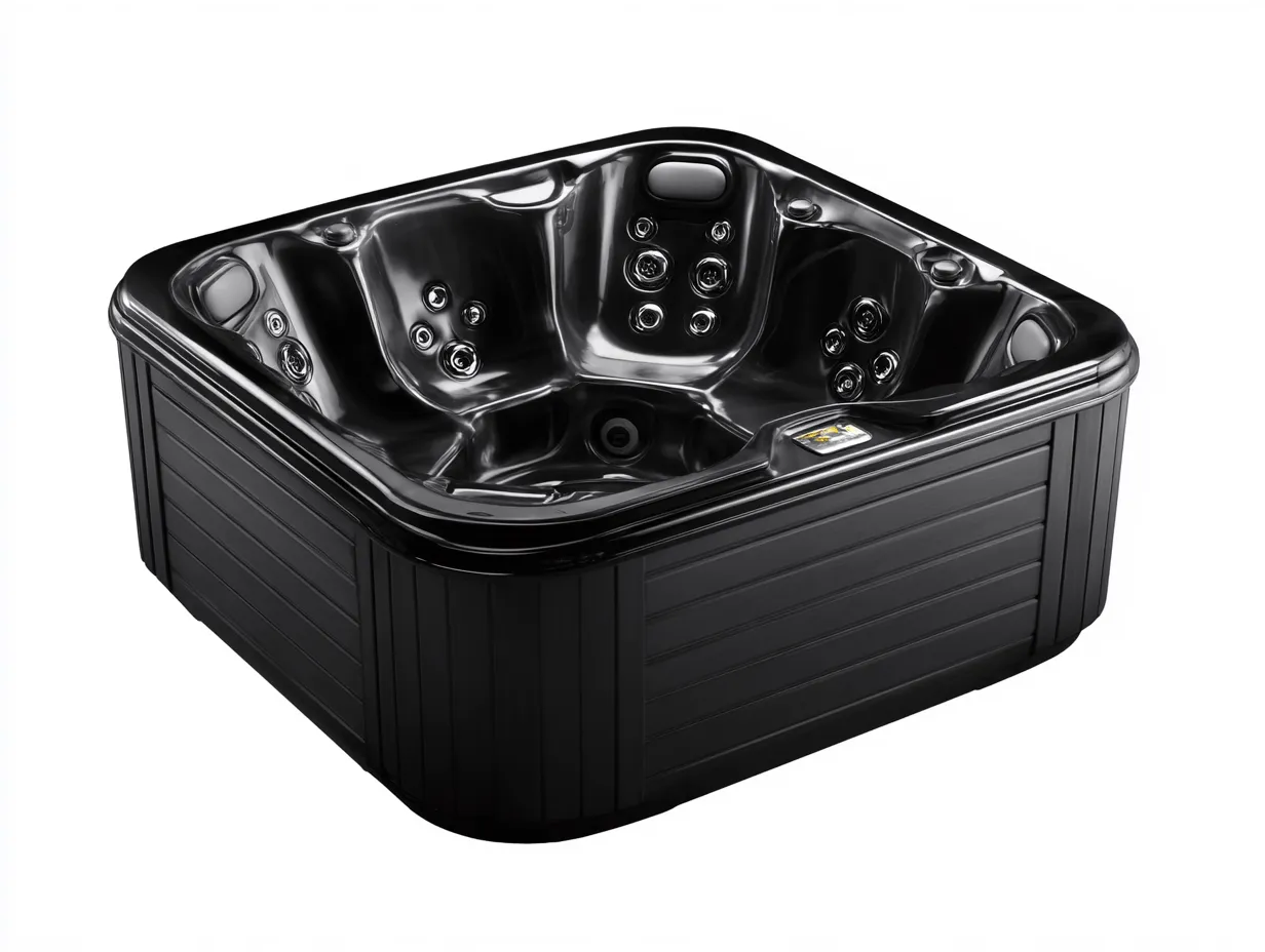Vasca idromassaggio quadrata 205x205x90 cm - acrilico nero - con getti massaggianti regolabili e sedute ergonomiche