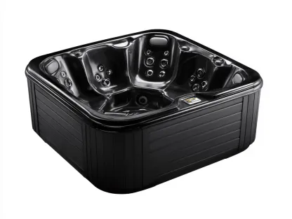 Vasca idromassaggio quadrata 205x205x90 cm - acrilico nero - con getti massaggianti regolabili e sedute ergonomiche
