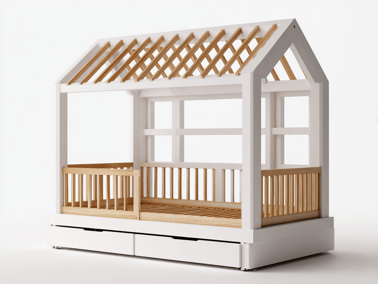 Letto per bambini a forma di casetta 200x100x190 cm in legno bianco e naturale con cassetti inferiori