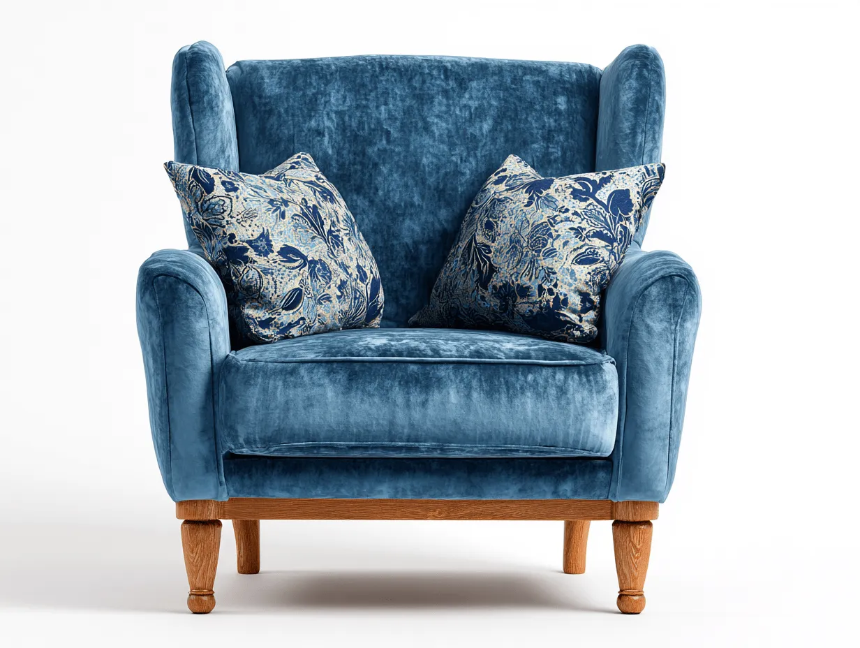 Poltrona in velluto blu 94x86x95 cm con cuscini stampati e gambe in legno - stile classico elegante