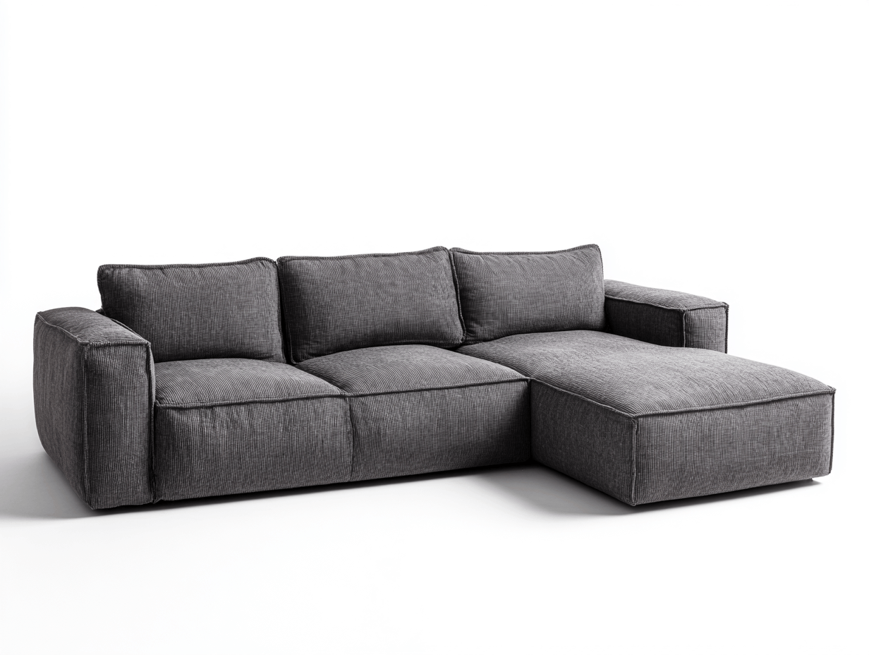 Divano angolare 255x160 cm - tessuto grigio scuro - con chaise longue e cuscini imbottiti