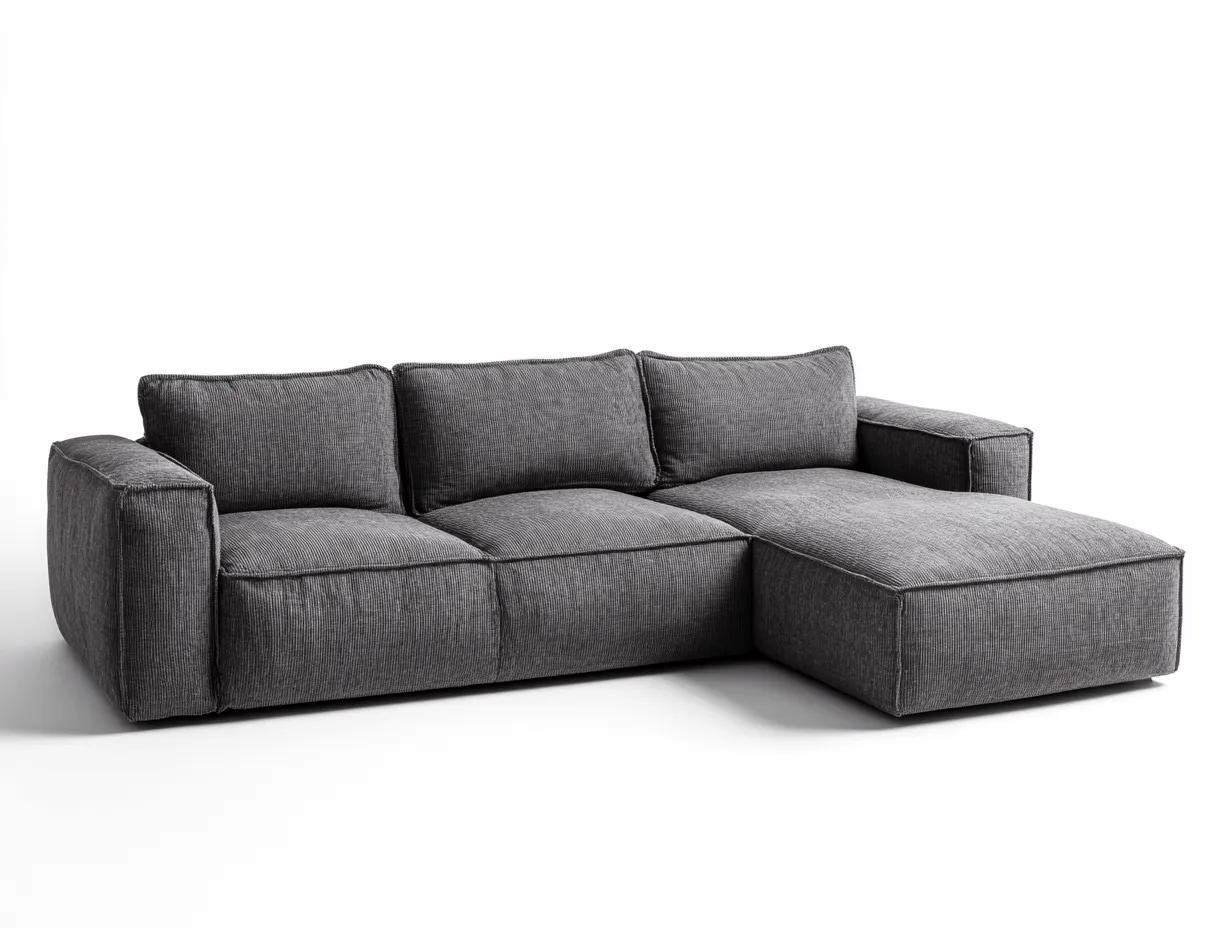 Divano angolare 255x160 cm - tessuto grigio scuro - con chaise longue e cuscini imbottiti