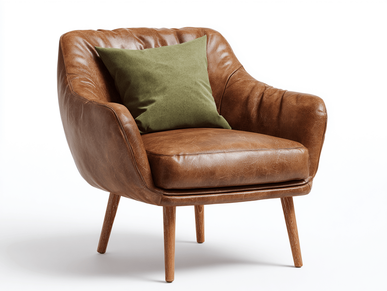 Poltrona in pelle marrone 90x84x92 cm con cuscino verde e gambe in legno - stile moderno accogliente