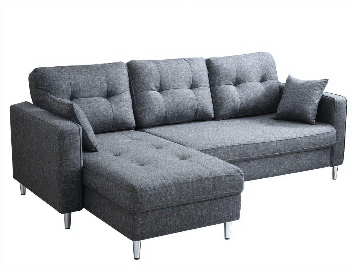 Divano angolare 248x158 cm - tessuto grigio - con chaise longue, cuscini imbottiti e funzione letto