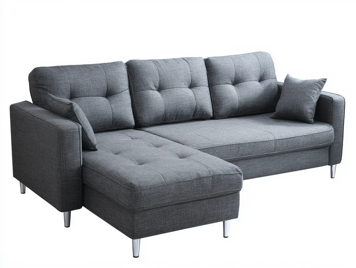 Divano angolare 248x158 cm - tessuto grigio - con chaise longue, cuscini imbottiti e funzione letto