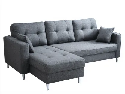 Divano angolare 248x158 cm - tessuto grigio - con chaise longue, cuscini imbottiti e funzione letto