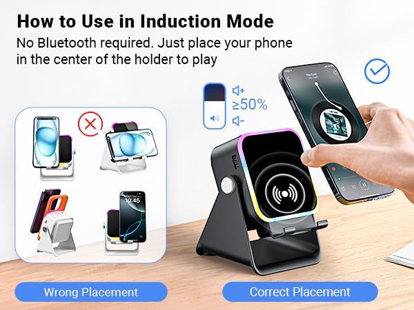 Wireless Induction Audio Speaker Stand, 5in1 Cellphone Holder, 3500mAh Rechargeable Emergency Power Bank,360&deg; Adjustable Mobile Tablet Stand with Colorful Ambient Light Gifts for Men Women