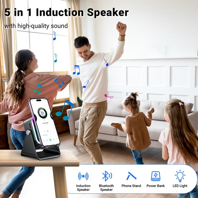 🎶📱  5-in-1 Wireless Induction Bluetooth Speaker with Adjustable Phone Stand